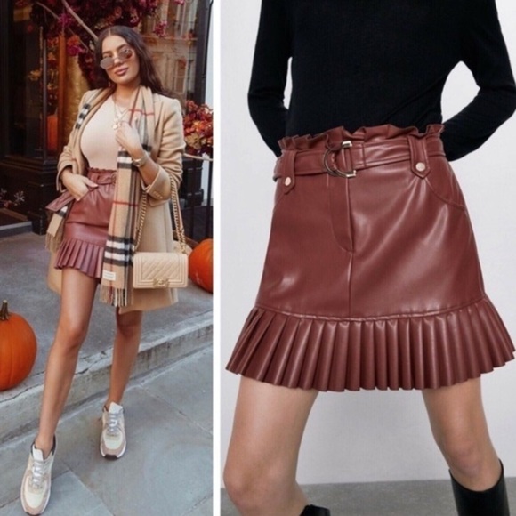 ZARA pleated faux leather mini skirt with belt Pink Size XS - Picture 7 of 16